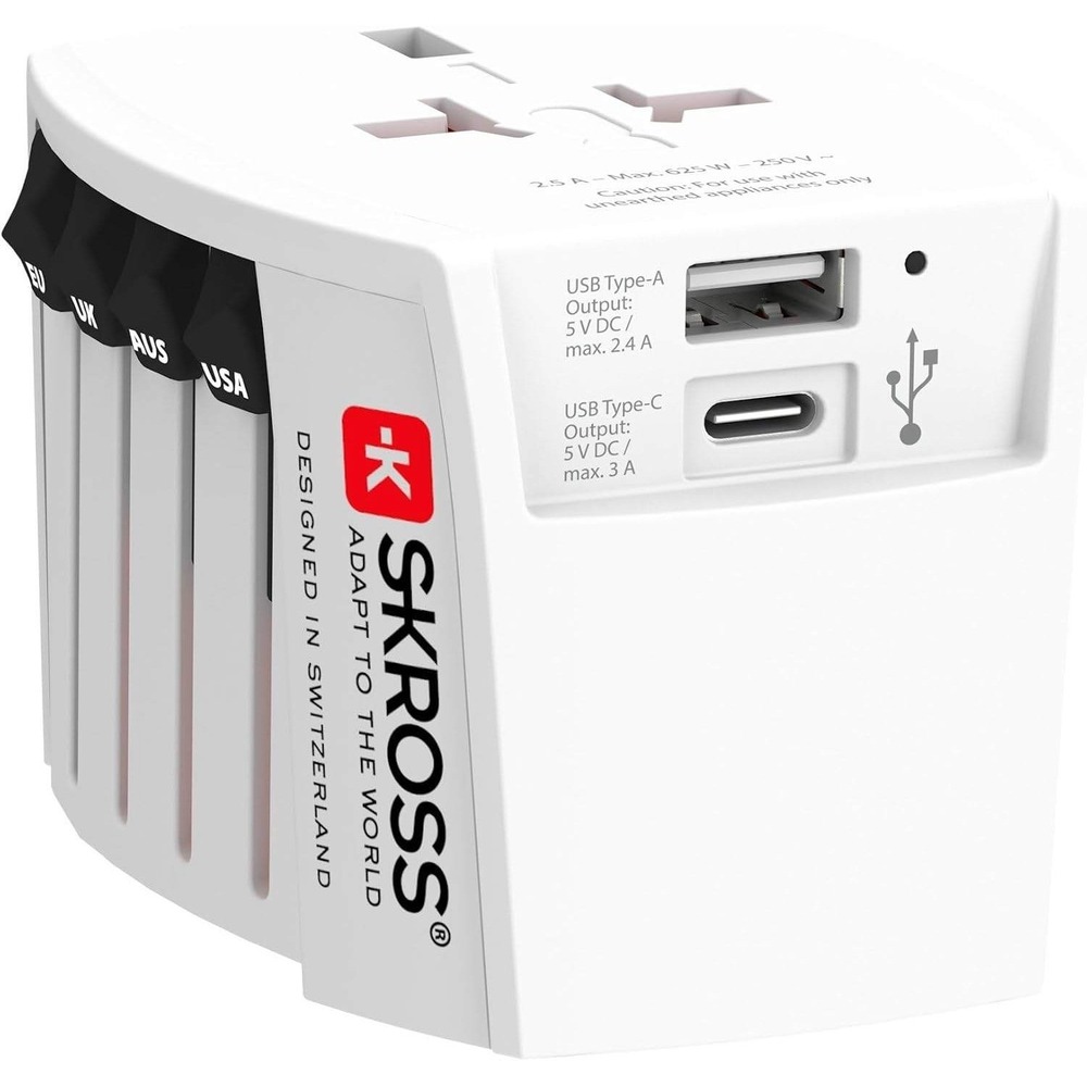 SKROSS Universal Travel Plug with USB and USB C, 1.302962, White Type G (UK)